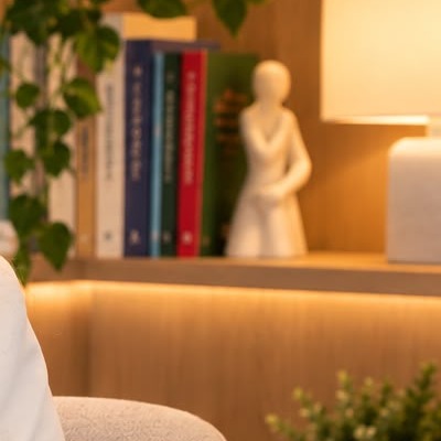 Estante de livros, luminária e plantas do consultório.